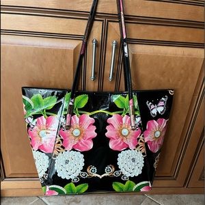 Black Patent Vegan Leather Tote With Butterflies, Flowers and Pearls